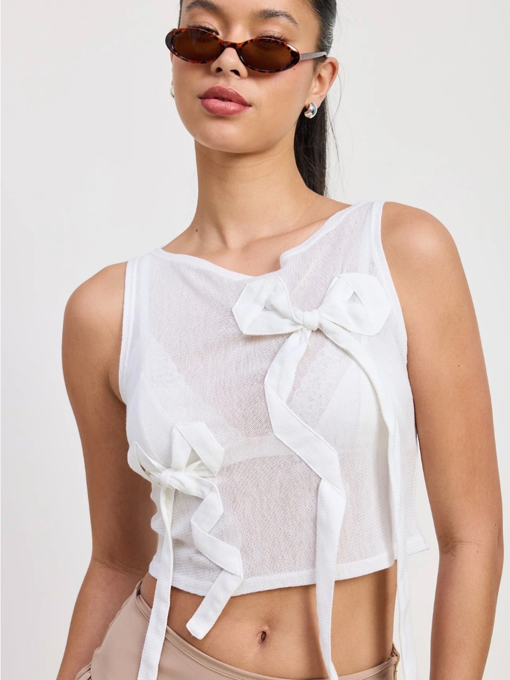 REVOLVE White Sheer Bow-Accent Cropped Camisole